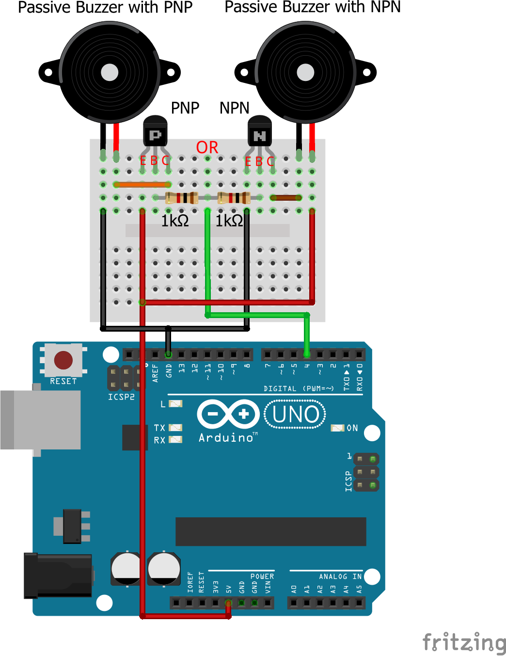 Layout on breadboard of passive buzzer with a transistor, two options Breadboard